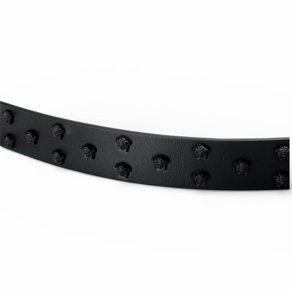 Versace Black Leather Skinny Belt with Medusa Studs